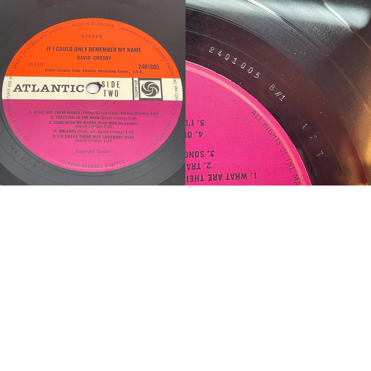 【尾張小牧店】LP デヴィッド・クロスビー / If I Could Only Remember My Name UK 2401005 プラムレベル マトA//1▽11 14刻印【レトロ】【中古】