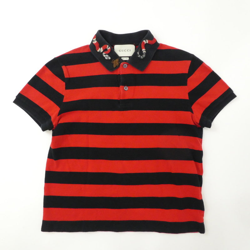 【中古】GUCCI | グッチ ワイドボーダースネーク刺繍 ポロシャツ 431039 X5858 国内正規品 レッド サイズ:XS