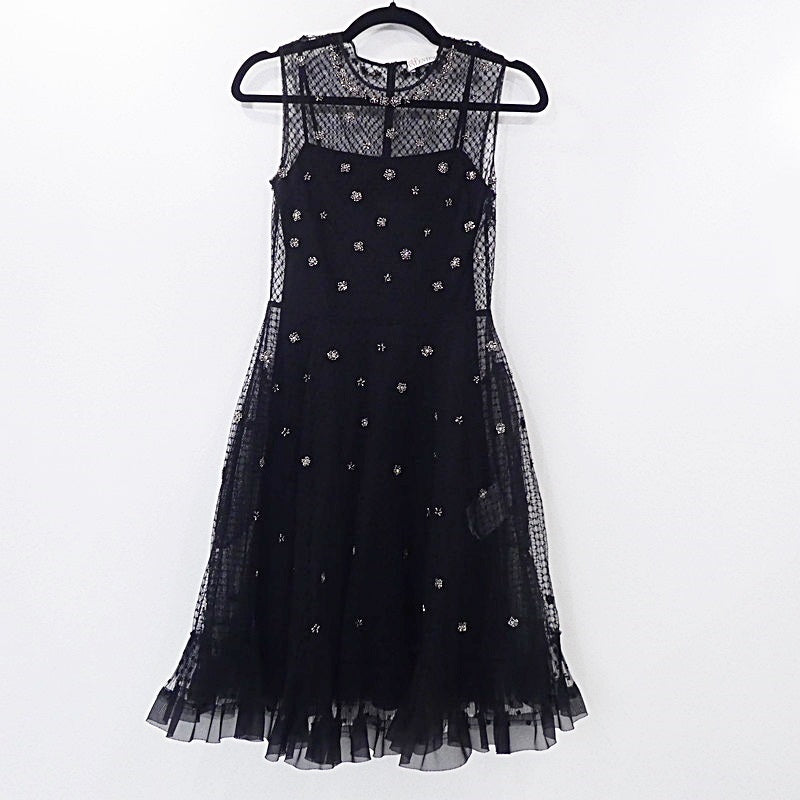 【中古】REDValentino | レッドヴァレンティノ ドットメッシュラインストーンフラワー刺繍 ドレス WR0VA20C663 ブラック サイズ:38