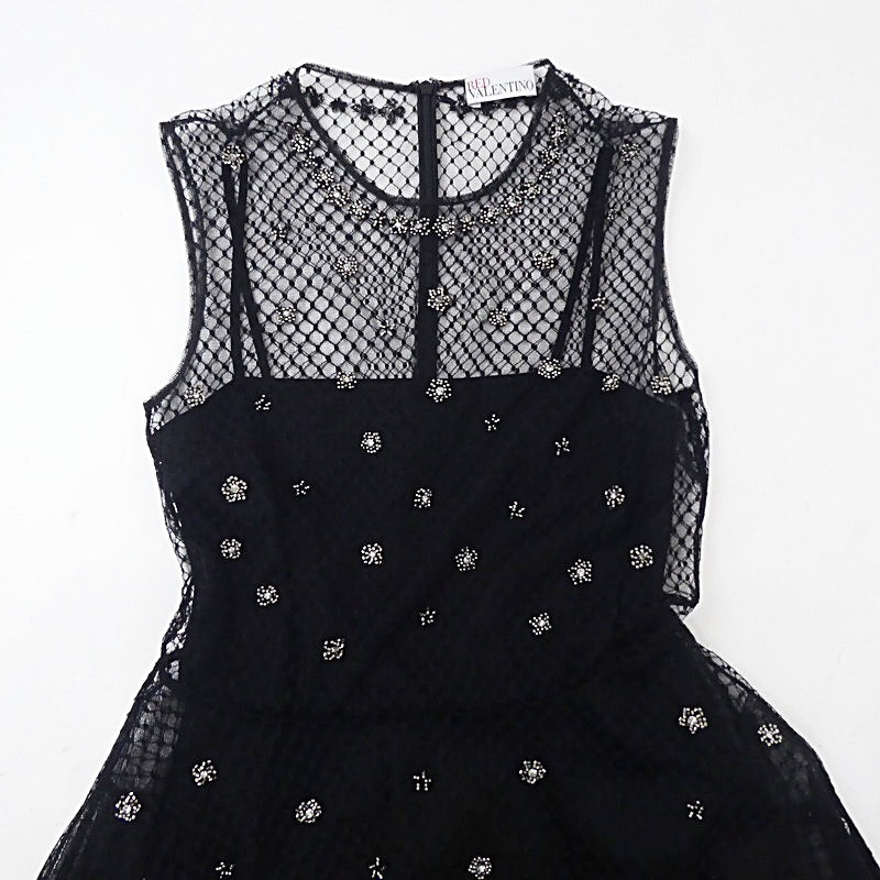 【中古】REDValentino | レッドヴァレンティノ ドットメッシュラインストーンフラワー刺繍 ドレス WR0VA20C663 ブラック サイズ:38