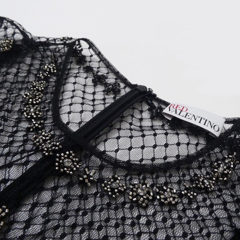 【中古】REDValentino | レッドヴァレンティノ ドットメッシュラインストーンフラワー刺繍 ドレス WR0VA20C663 ブラック サイズ:38
