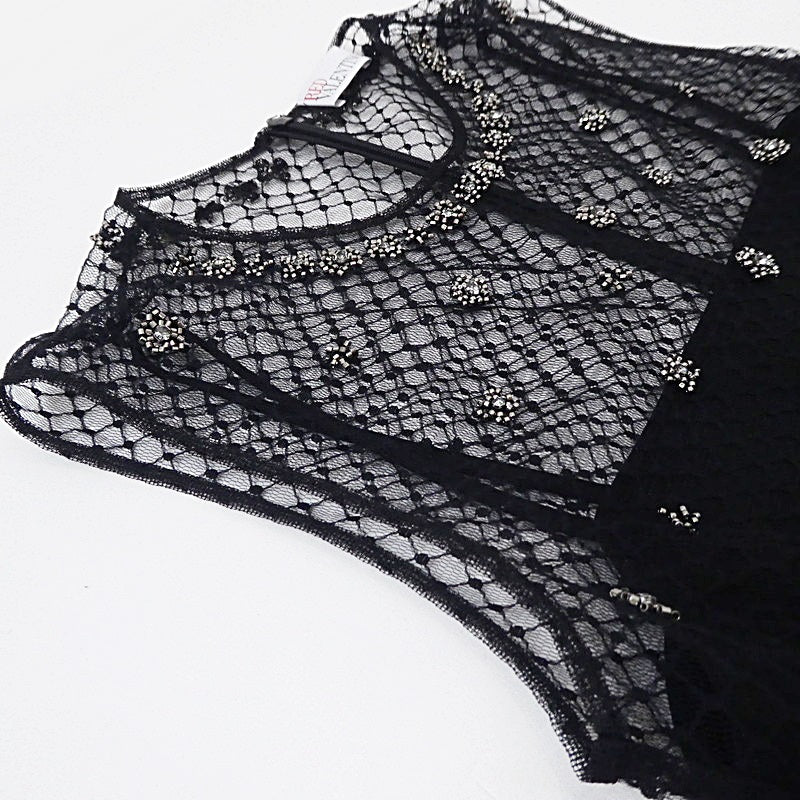 【中古】REDValentino | レッドヴァレンティノ ドットメッシュラインストーンフラワー刺繍 ドレス WR0VA20C663 ブラック サイズ:38