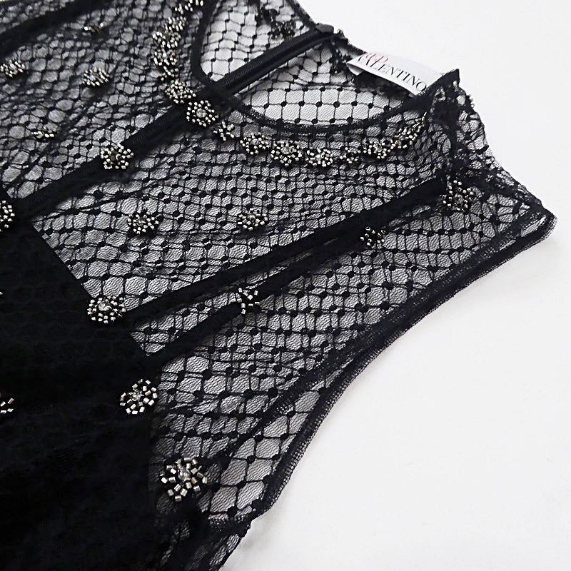 【中古】REDValentino | レッドヴァレンティノ ドットメッシュラインストーンフラワー刺繍 ドレス WR0VA20C663 ブラック サイズ:38