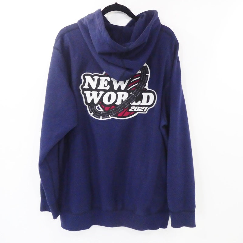 【中古】HELLRAZOR | ヘルレーザー NEW WORLD EMBROIDERED? パーカー ネイビー サイズ:XL