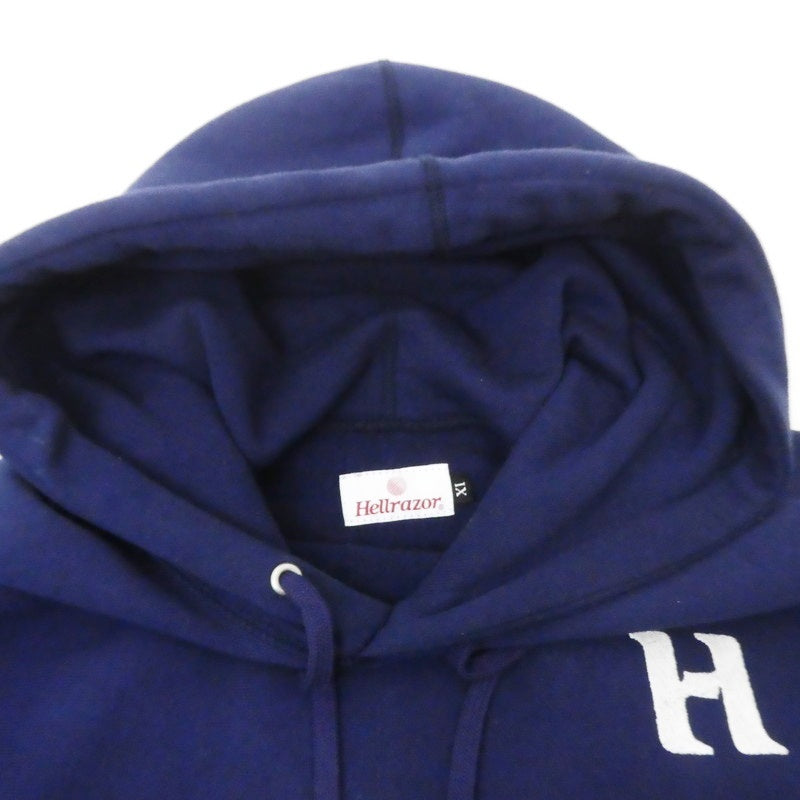 【中古】HELLRAZOR | ヘルレーザー NEW WORLD EMBROIDERED? パーカー ネイビー サイズ:XL