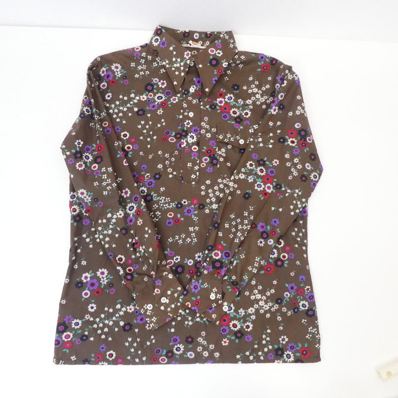 【中古】 花柄ナイロンプルオーバーシャツ 長袖シャツ ブラウン系 サイズ:L