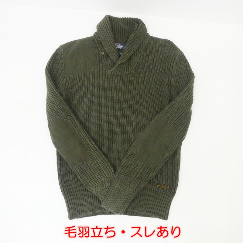 【中古】POLO RALPH LAUREN | ポロ・ラルフローレン エルボーパッチリブ編みショールカラーニット セーター MNBLSWEM3W00105 オリーブ サイズ:XS