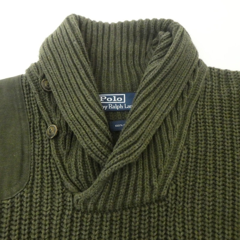 【中古】POLO RALPH LAUREN | ポロ・ラルフローレン エルボーパッチリブ編みショールカラーニット セーター MNBLSWEM3W00105 オリーブ サイズ:XS