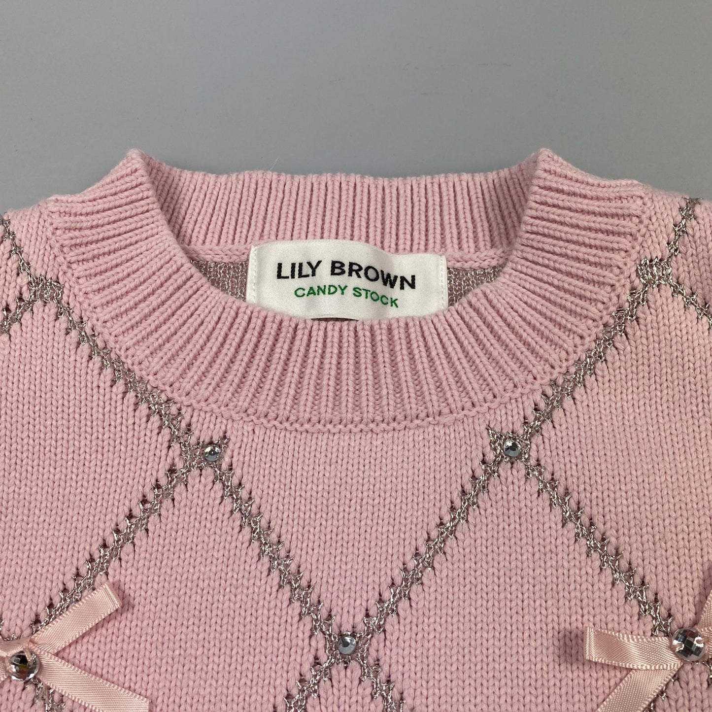 【中古】Lily Brown | リリーブラウン ビジューリボンニットトップス セーター LWNT241804 ピンク