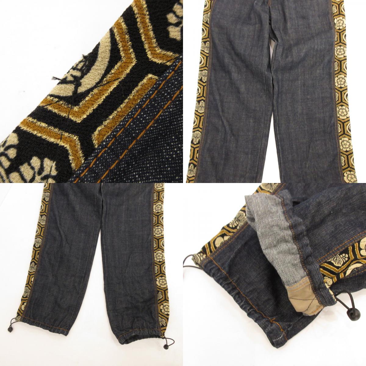 【中古】 和柄家紋 デニムパンツ ネイビー サイズ:34