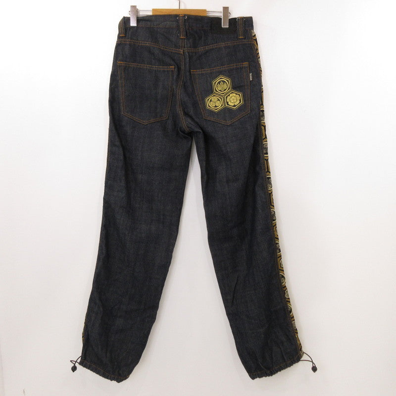 【中古】 和柄家紋 デニムパンツ ネイビー サイズ:34