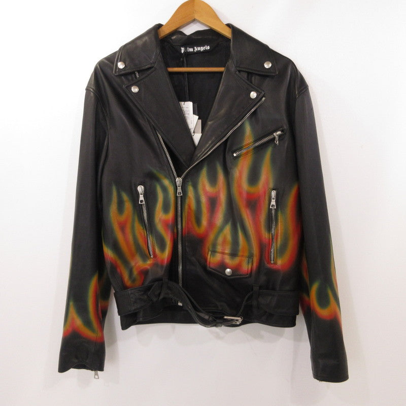 【中古】Palm Angels | パームエンジェルス LEATHER BURNING BIKER JACKET WITH FLAMES MOTIF レザー PMJG007F22LEA0011001 国内正規品 ブラック サイズ:M