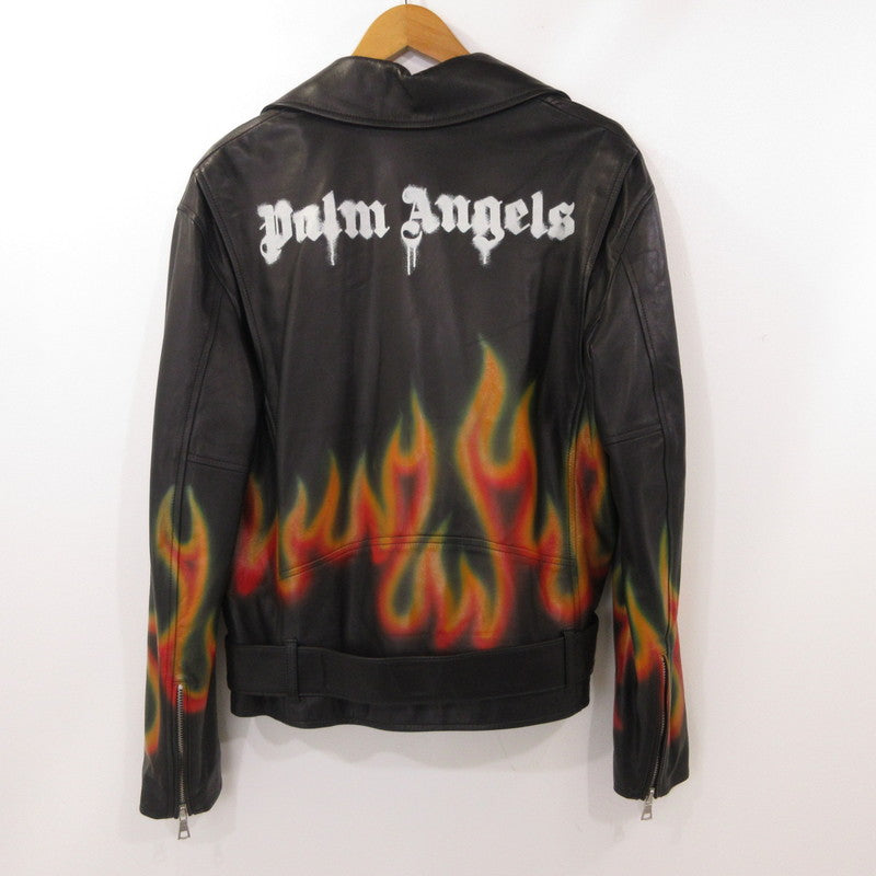 【中古】Palm Angels | パームエンジェルス LEATHER BURNING BIKER JACKET WITH FLAMES MOTIF レザー PMJG007F22LEA0011001 国内正規品 ブラック サイズ:M