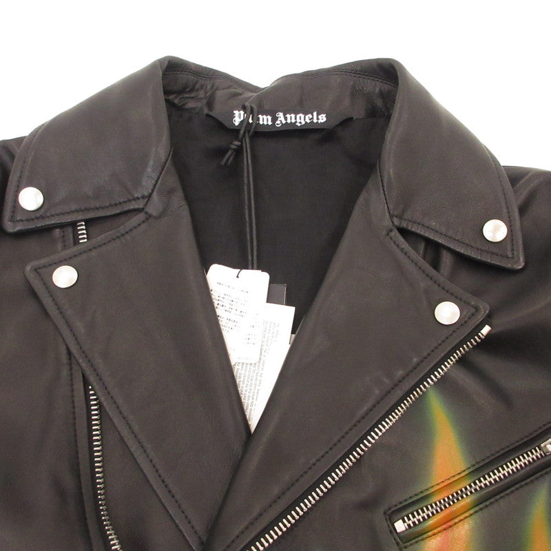 【中古】Palm Angels | パームエンジェルス LEATHER BURNING BIKER JACKET WITH FLAMES MOTIF レザー PMJG007F22LEA0011001 国内正規品 ブラック サイズ:M