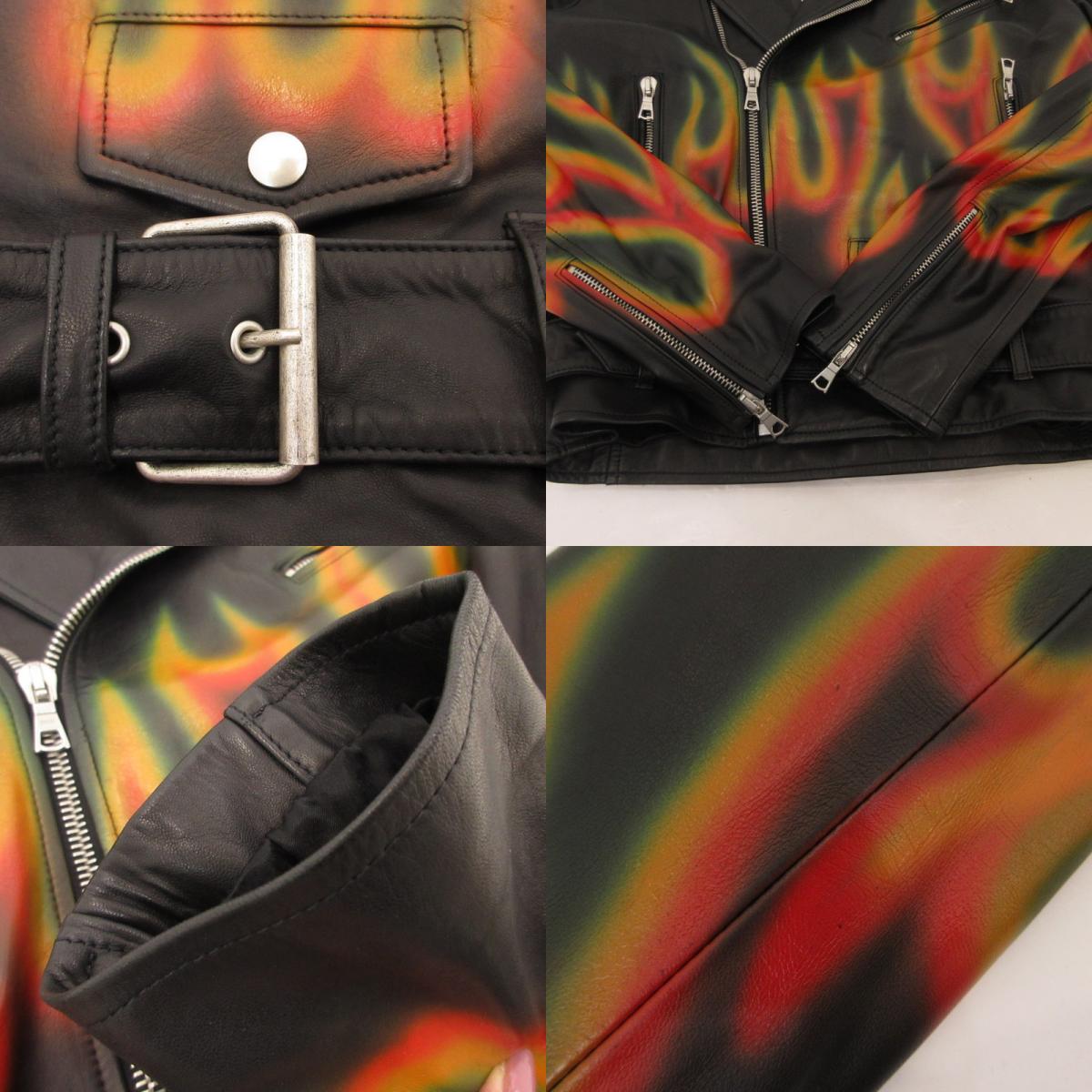 【中古】Palm Angels | パームエンジェルス LEATHER BURNING BIKER JACKET WITH FLAMES MOTIF レザー PMJG007F22LEA0011001 国内正規品 ブラック サイズ:M
