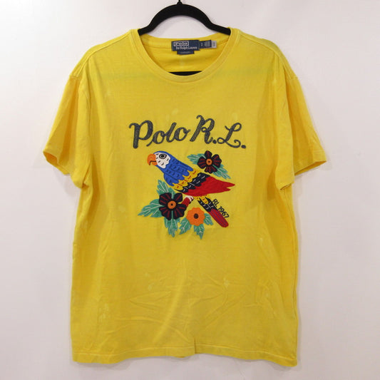 【中古】POLO RALPH LAUREN | ポロ・ラルフローレン オウムアップリケ刺繍 半袖Tシャツ USED加工 イエロー サイズ:S
