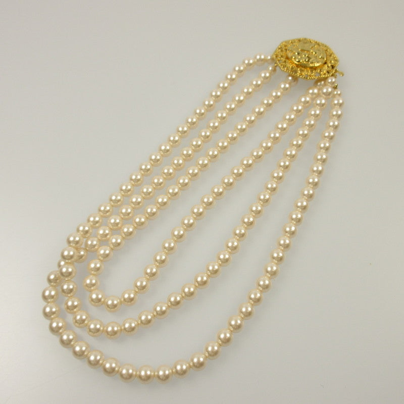 【中古】 フラワーモチーフ/3連パール ネックレス