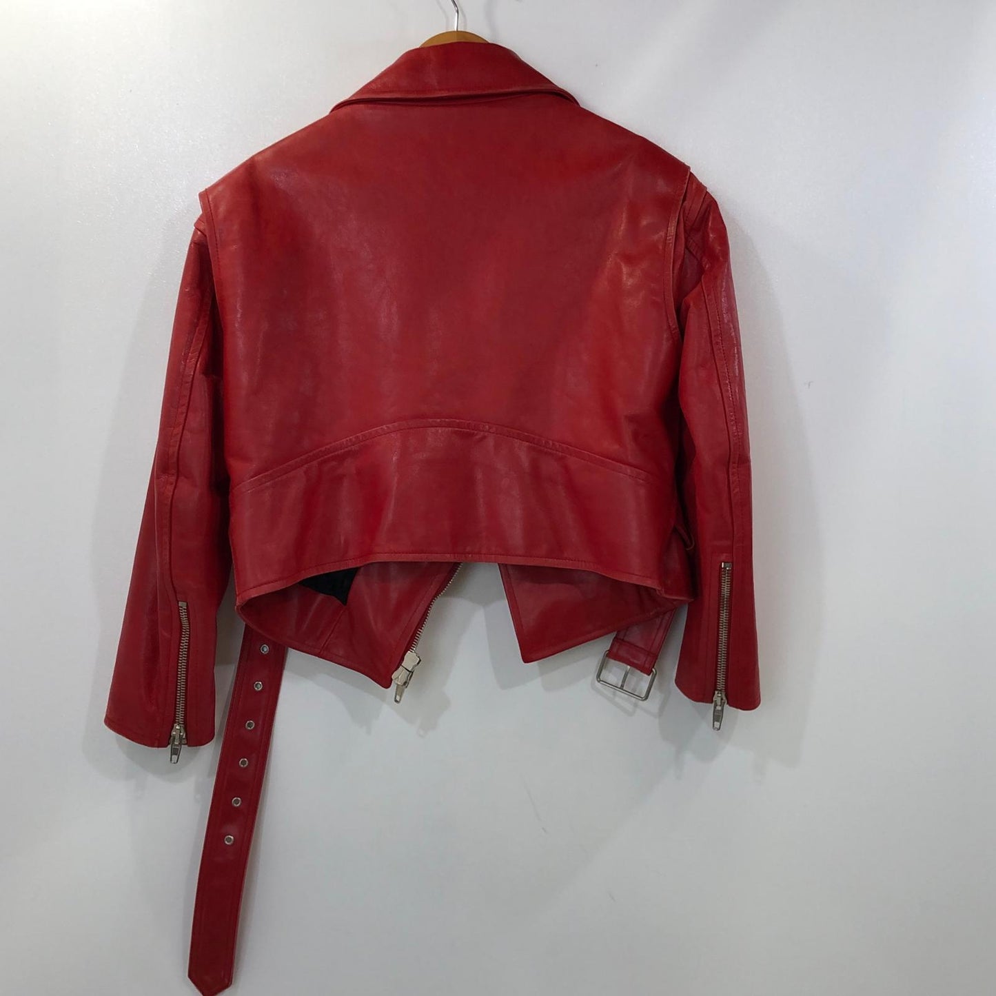【中古】BALENCIAGA | バレンシアガ スウィングバイカーライダースジャケット レザー 457891 TSH09 2016A/W 国内正規品 レッド サイズ:34