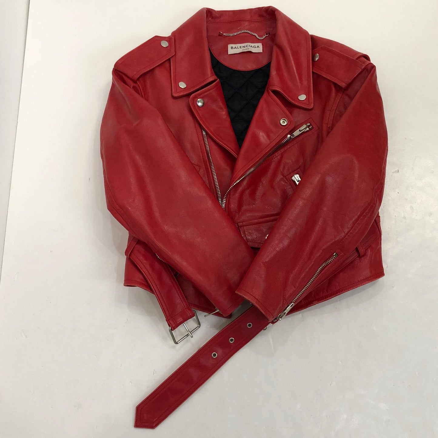 【中古】BALENCIAGA | バレンシアガ スウィングバイカーライダースジャケット レザー 457891 TSH09 2016A/W 国内正規品 レッド サイズ:34