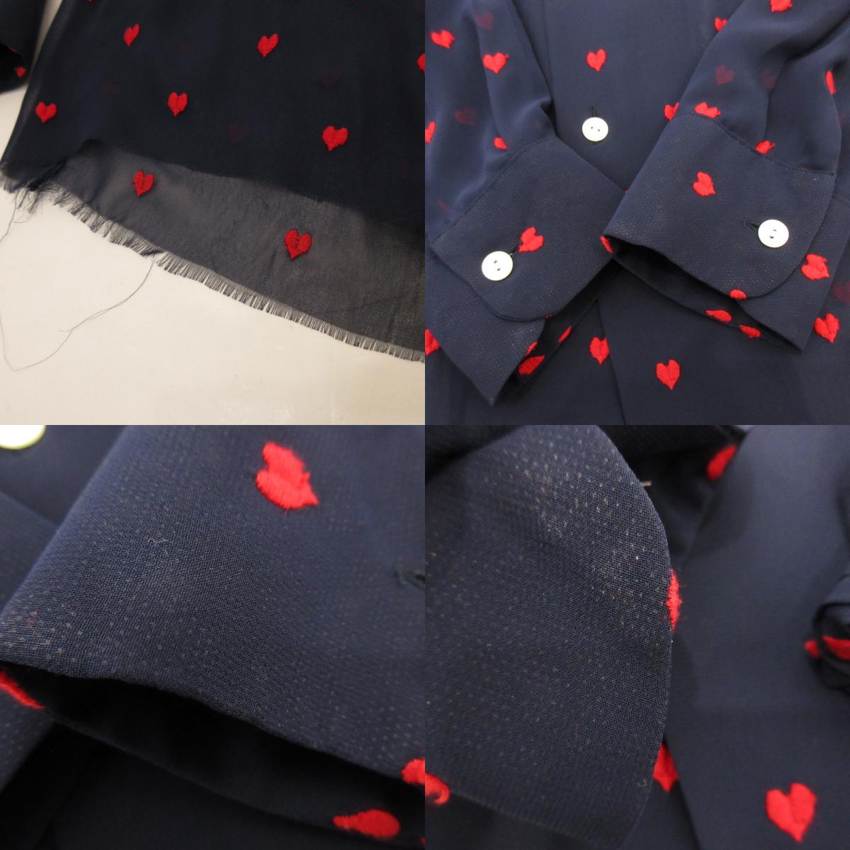 【中古】Needles | ニードルス Heart Print Shirt 長袖シャツ EJ186 カットオフ加工 ネイビー サイズ:M