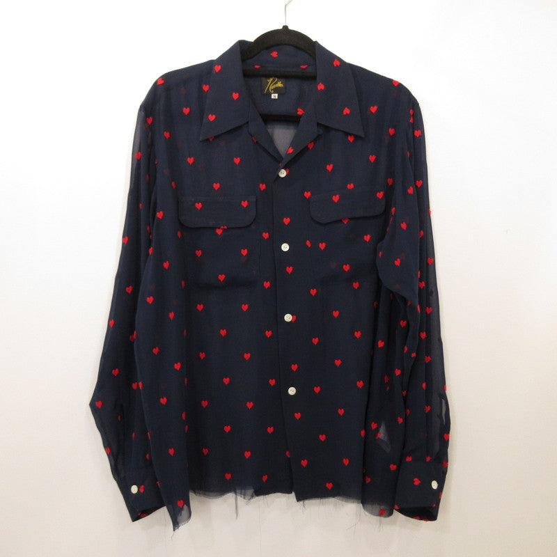 【中古】Needles | ニードルス Heart Print Shirt 長袖シャツ EJ186 カットオフ加工 ネイビー サイズ:M