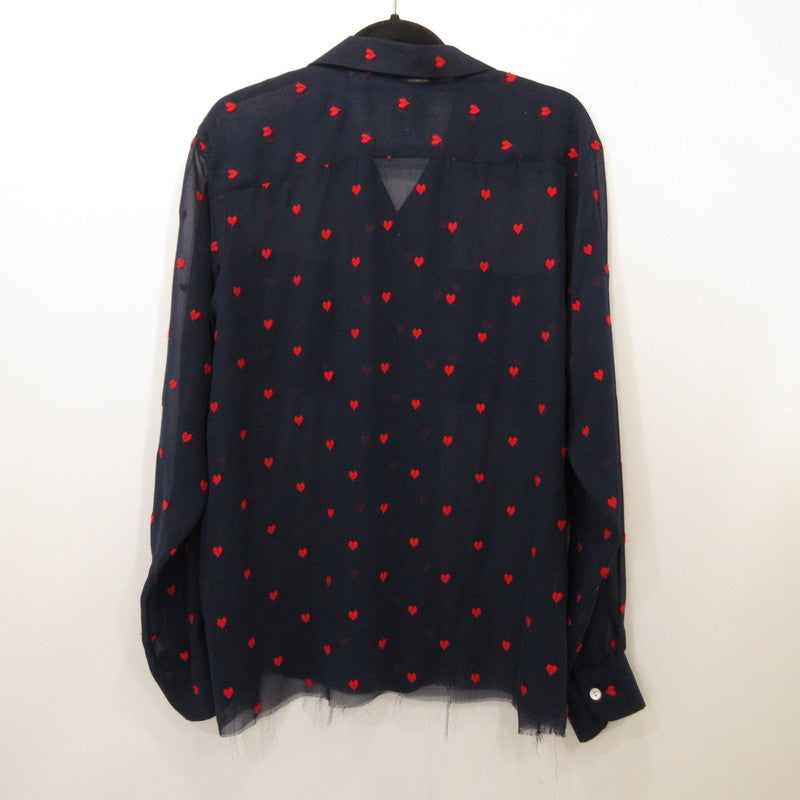 【中古】Needles | ニードルス Heart Print Shirt 長袖シャツ EJ186 カットオフ加工 ネイビー サイズ:M