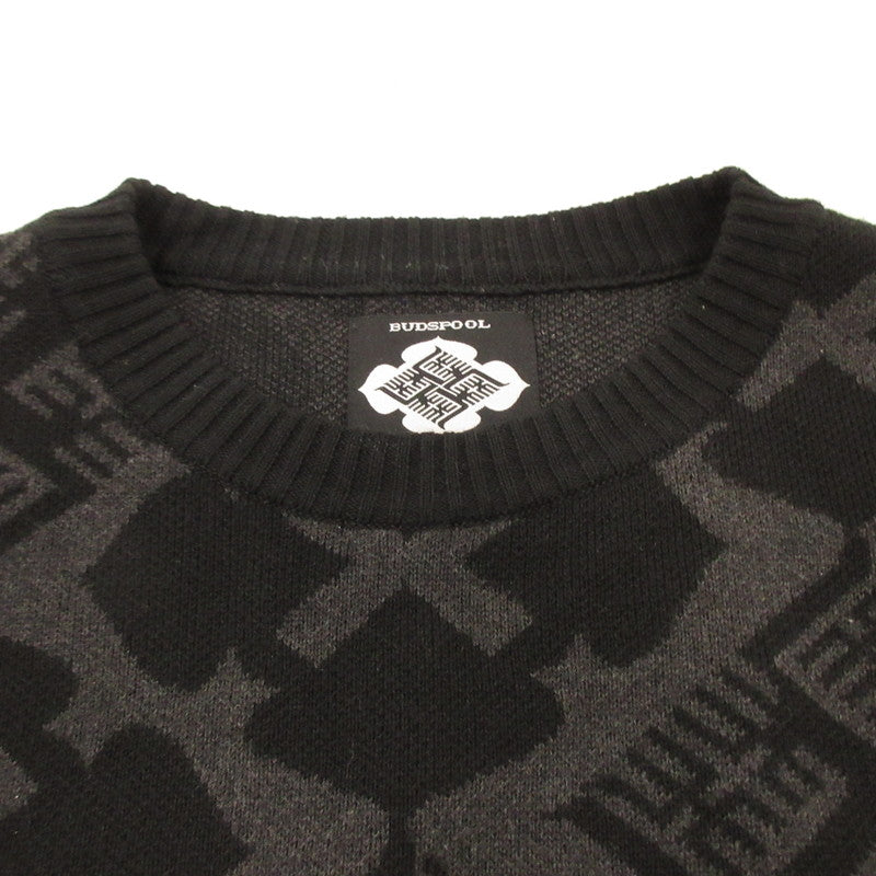 【中古】BUDSPOOL | バッズプール 花罰家紋 COTTON KNIT JACQUARD SWEATER セーター ブラック サイズ:XL