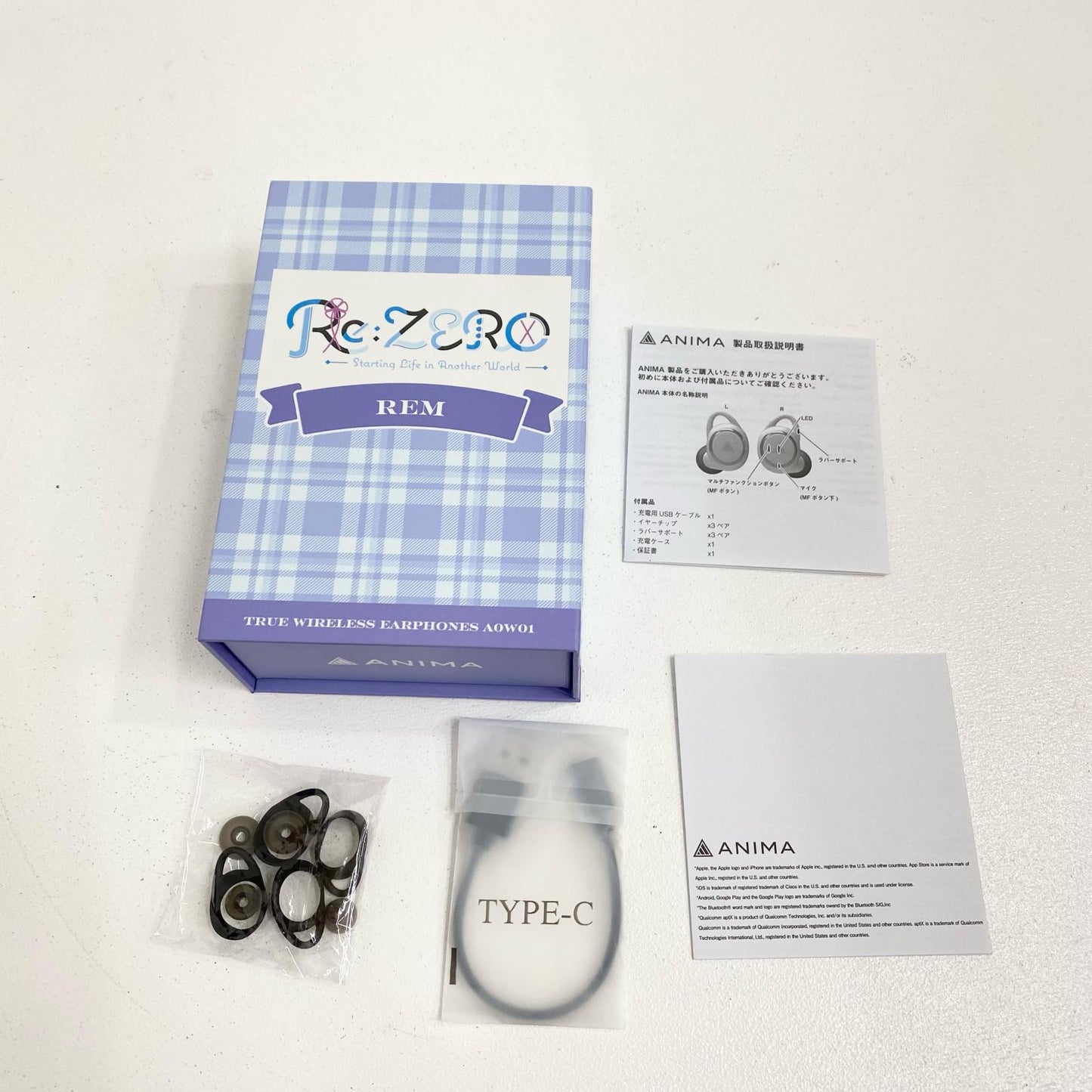 オンキョー ONKYO ANIMA AOW01 ワイヤレスイヤホン Re:ゼロから始める異世界生活 レムモデル TRUE WIRELESS EARPHONES Bluetooth 防水・防塵 イヤーピース・充電ケーブル・説明書付属【加古川店】