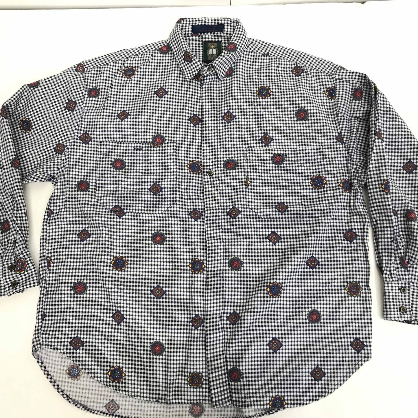 【中古】 長袖シャツ ジェネラ 80~ 90年代 ギンガムチェックシャツ コットンシャツ ホワイト・ネイビー系 L 長袖 -1 マルチカラー【加古川物流】