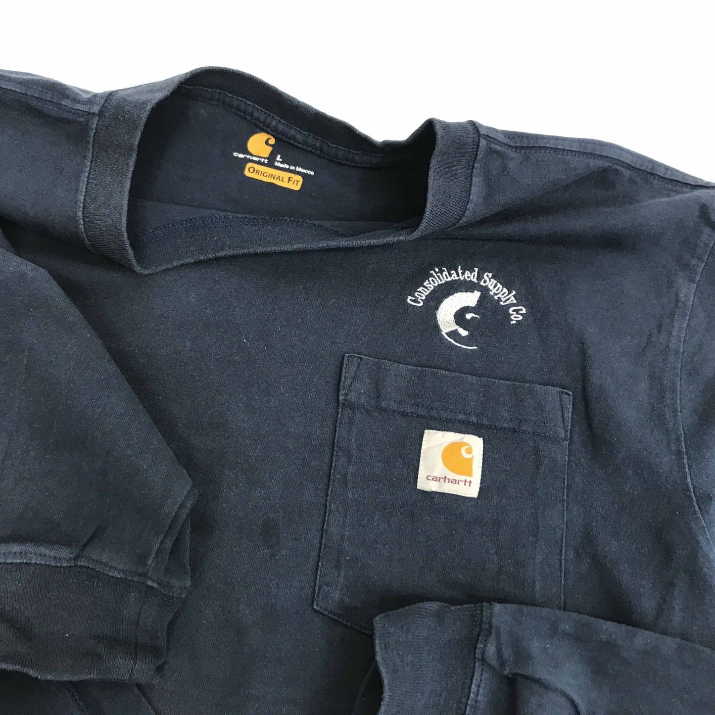 【中古】Carhartt | カーハート 半袖Tシャツ カーハート ORIGINAL FIT ワンポイントロゴ 胸企業刺繍入り ポケットTシャツ ポケT ネイビー L 長袖 ネイビー サイズ:L【加古川物流】