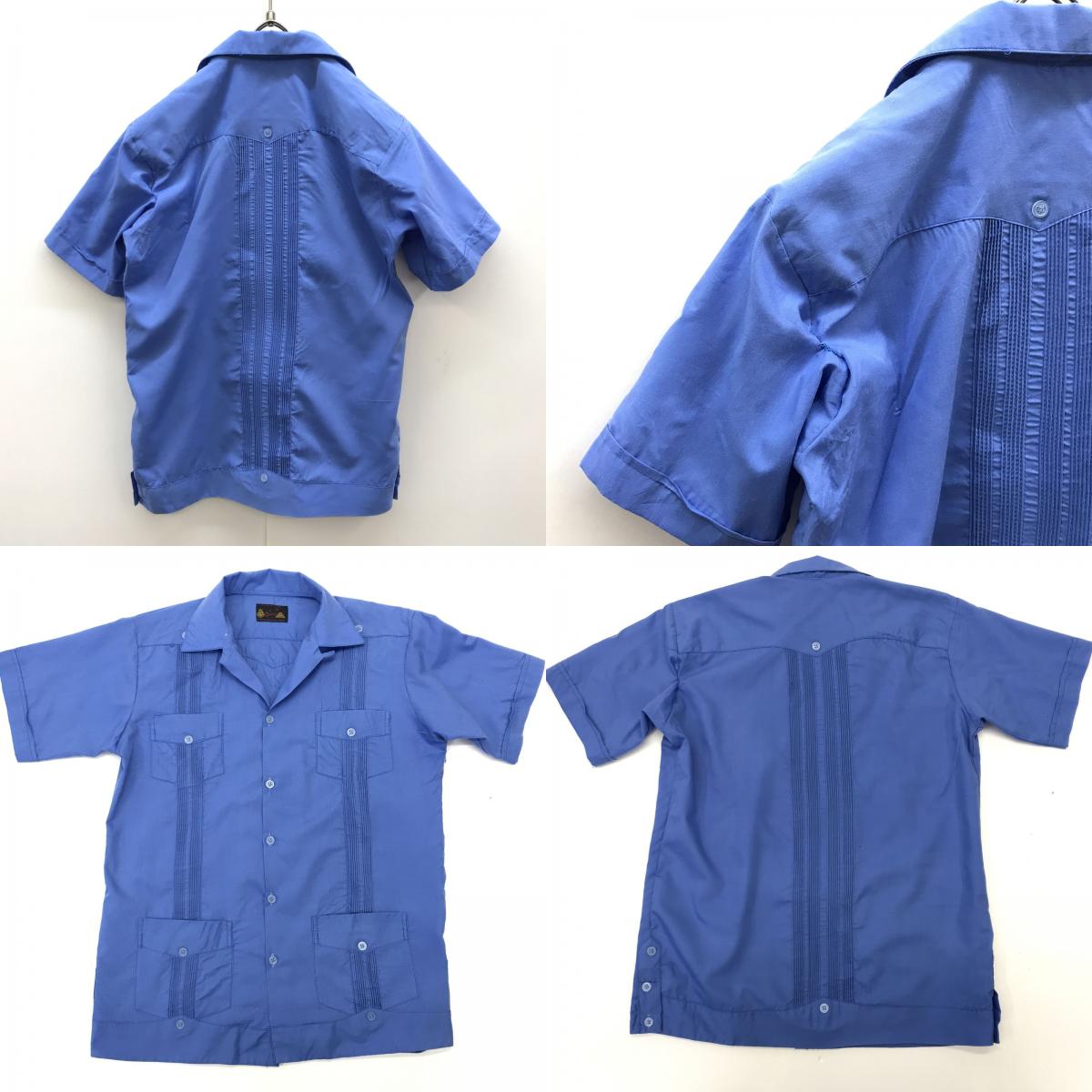【中古】 長袖シャツ ユカタン 60~70年代 半袖 ビンテージ キッズキューバシャツ 子供服 GYAYABERA SHIRTS 濃いサックスブルー 親子ペアで ブルー【加古川物流】