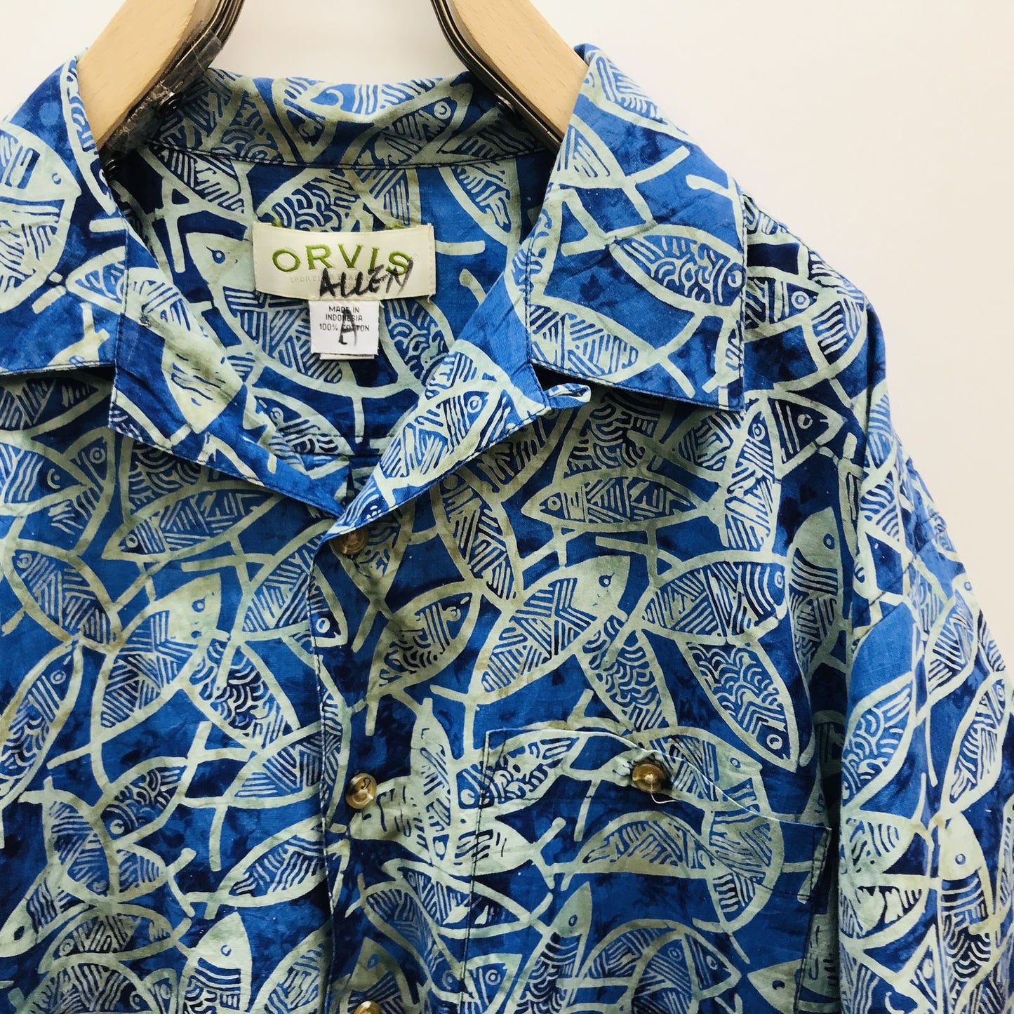 【中古】 長袖シャツ オービス 90~00年代 半袖総柄シャツ 魚柄 タイダイ染め風 全柄シャツ XXL相当 ブルー サイズ:L【加古川物流】
