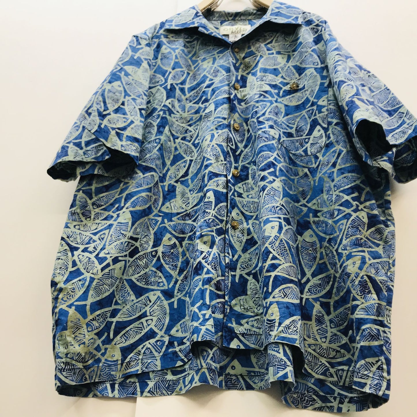 【中古】 長袖シャツ オービス 90~00年代 半袖総柄シャツ 魚柄 タイダイ染め風 全柄シャツ XXL相当 ブルー サイズ:L【加古川物流】