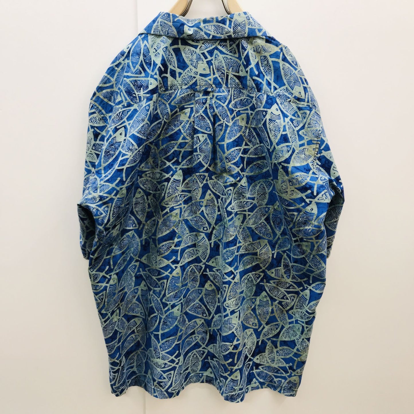 【中古】 長袖シャツ オービス 90~00年代 半袖総柄シャツ 魚柄 タイダイ染め風 全柄シャツ XXL相当 ブルー サイズ:L【加古川物流】