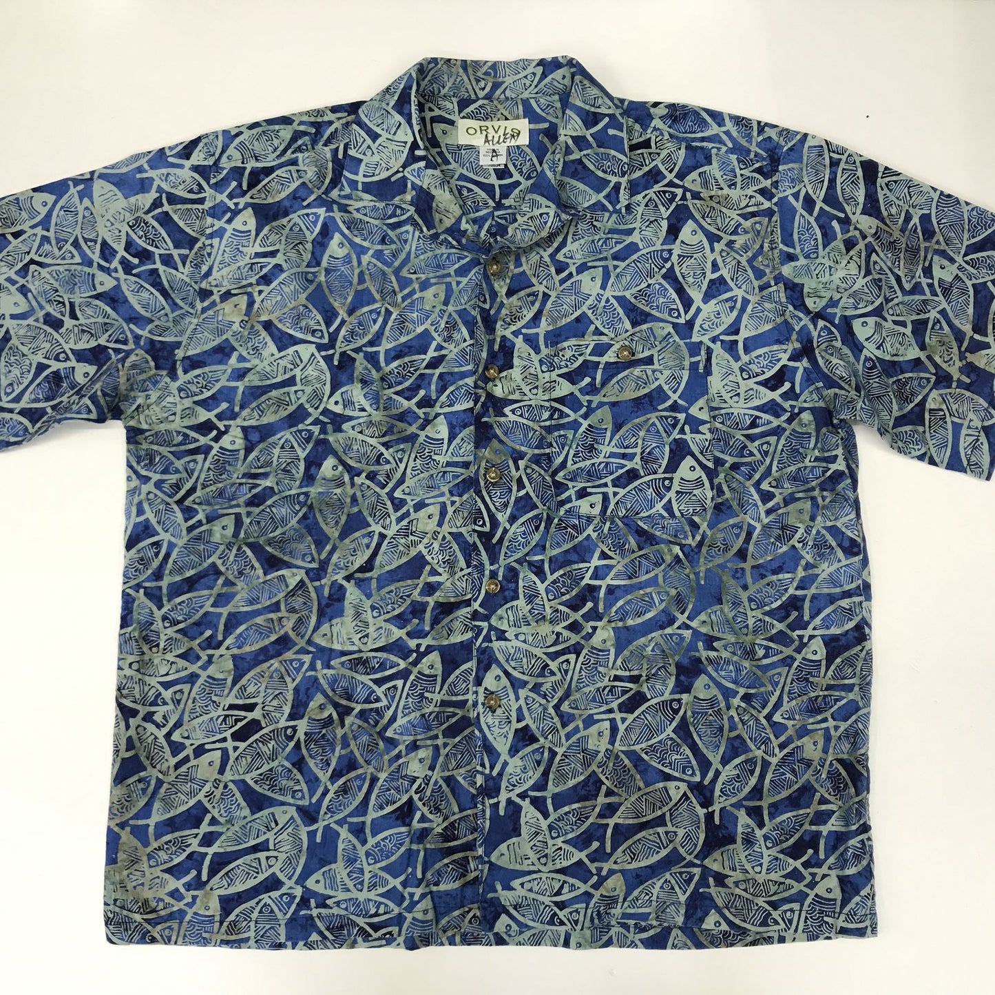 【中古】 長袖シャツ オービス 90~00年代 半袖総柄シャツ 魚柄 タイダイ染め風 全柄シャツ XXL相当 ブルー サイズ:L【加古川物流】