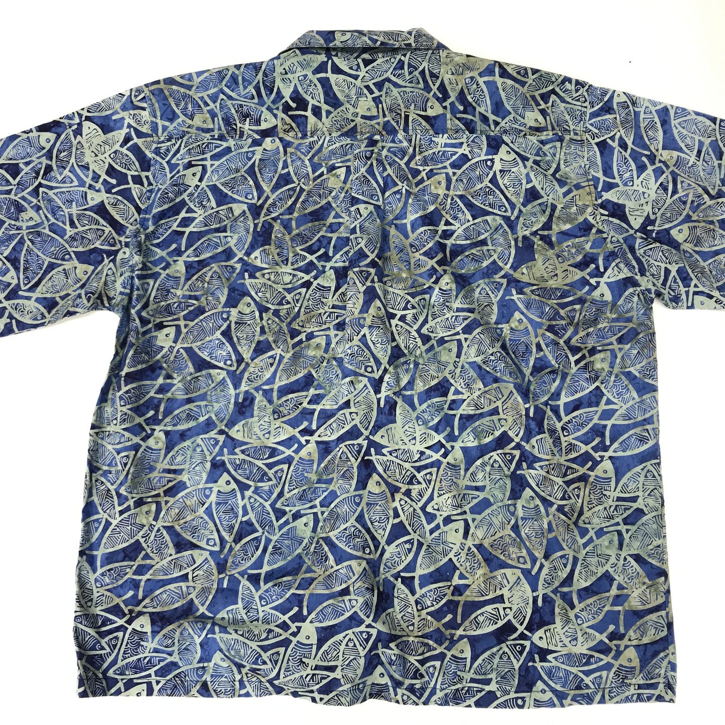 【中古】 長袖シャツ オービス 90~00年代 半袖総柄シャツ 魚柄 タイダイ染め風 全柄シャツ XXL相当 ブルー サイズ:L【加古川物流】