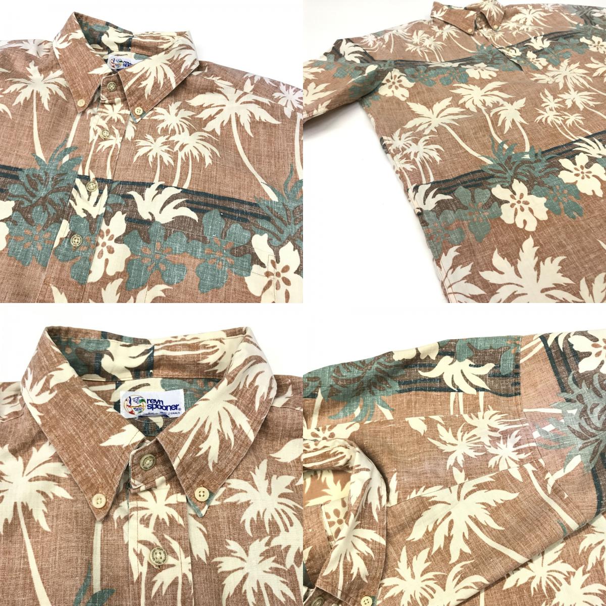【中古】Reyn Spooner | レインスプーナー 長袖シャツ レインスプナー 90年代 ビキニタグ 半袖アロハシャツ ヤシの木とハイビスカス柄 ブラウン系 ハワイアンシャツ XL ブラウン【加古川物流】