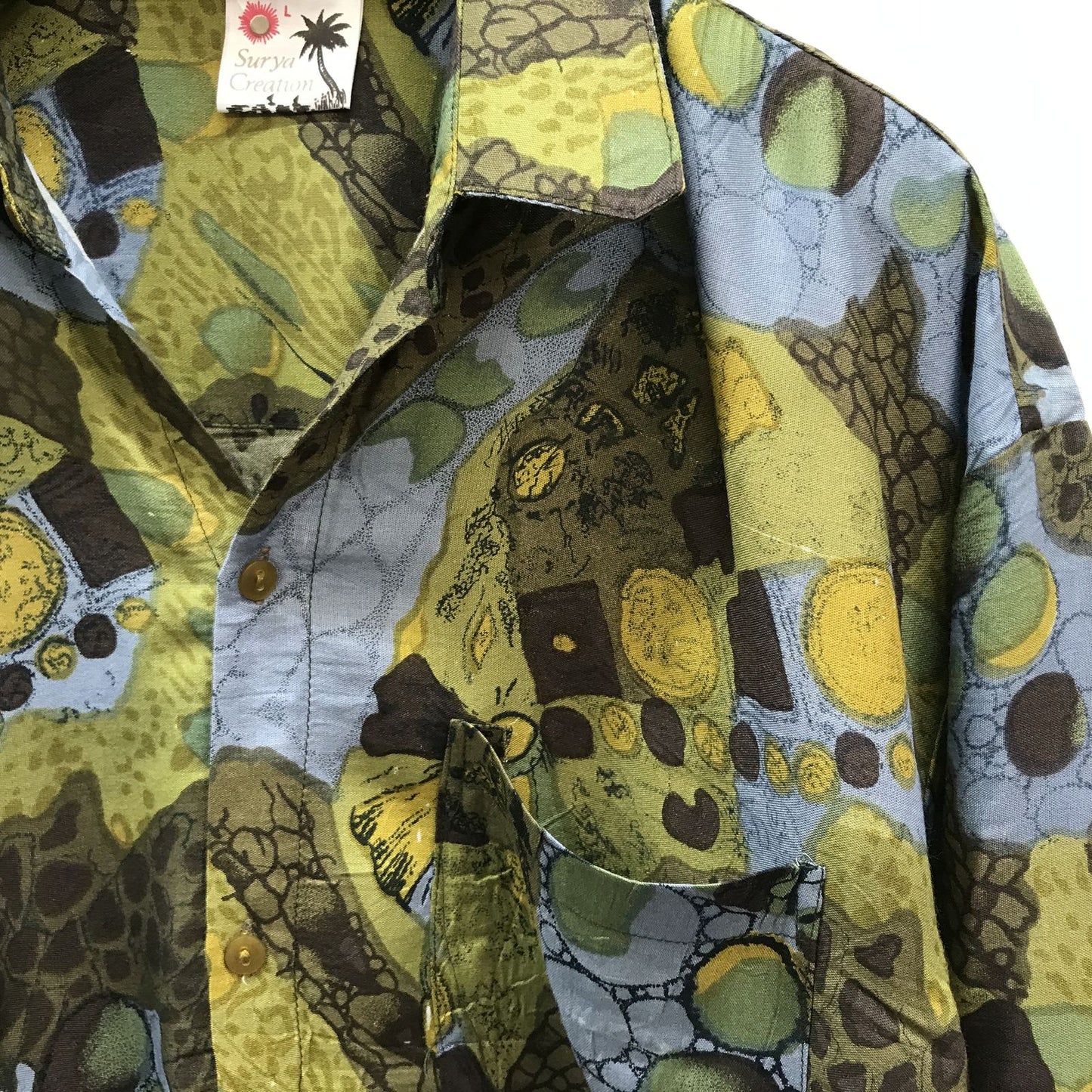 【中古】 長袖シャツ スーリヤクリエーションズ レーヨン 柄シャツ 半袖シャツ 熱帯モチーフ柄? XL マルチカラー【加古川物流】