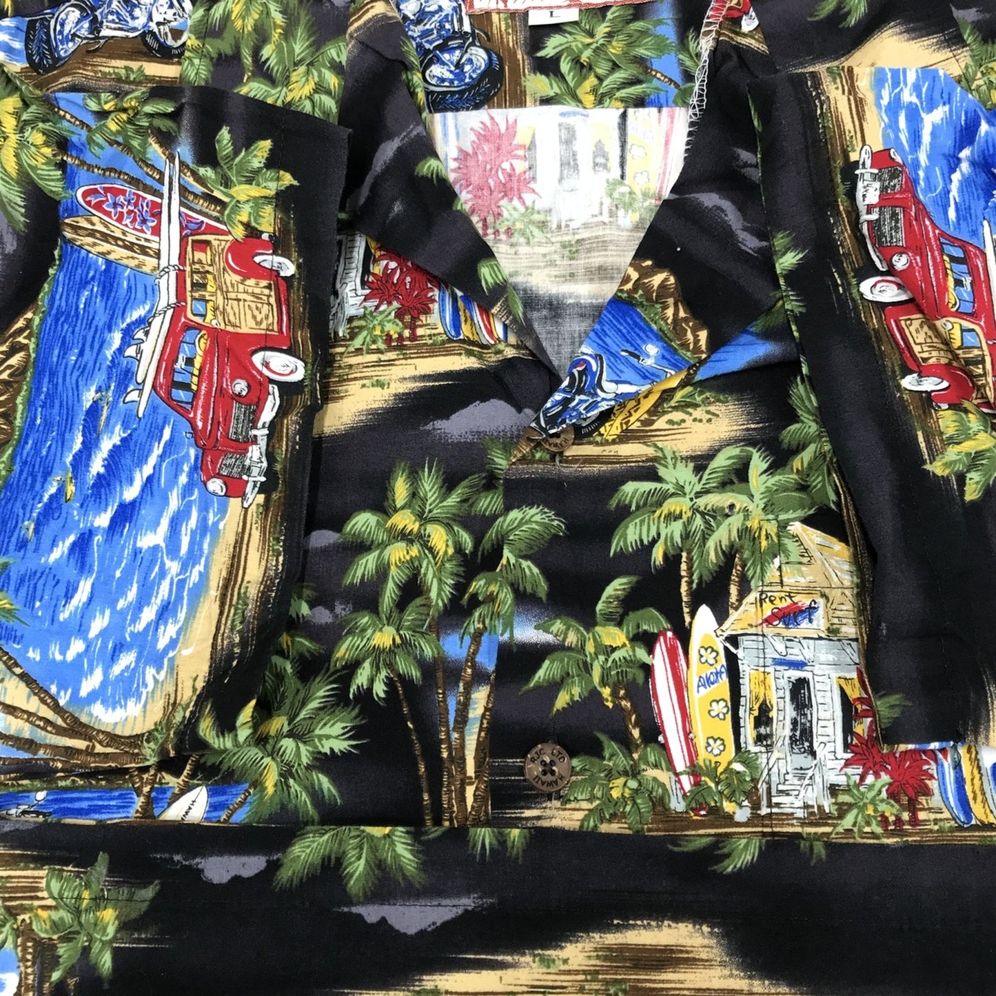 【中古】RJC | アールジェイシー 半袖シャツ 80~90年代 RJC アロハ ハワイアンシャツ ブラック オートバイ柄 ブラック サイズ:L【加古川物流】