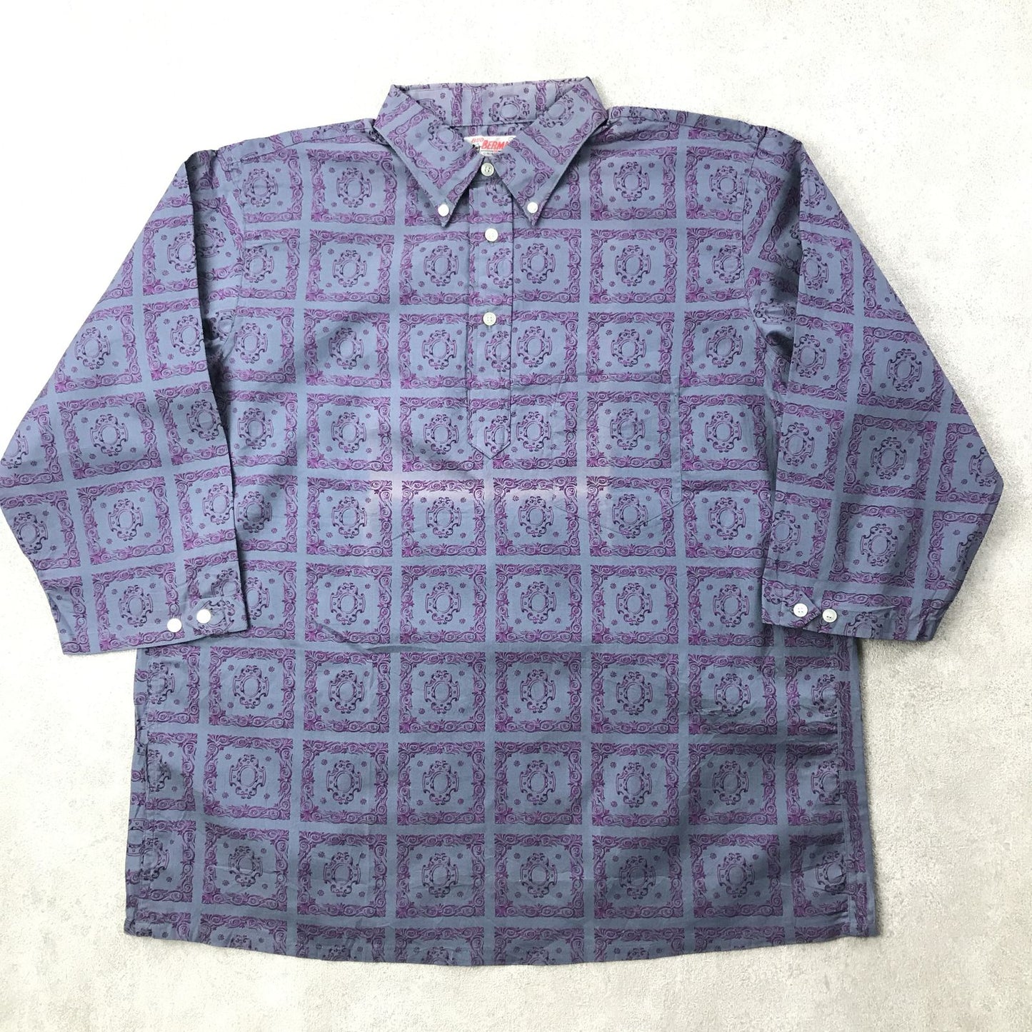 【中古】 半袖シャツ L 60年代 デッドストック米国製 BUD BERMA 総柄 レトロ柄 7分袖 コットン柄シャツ プルオーバーシャツ MADE IN USA グレー サイズ:L【加古川物流】