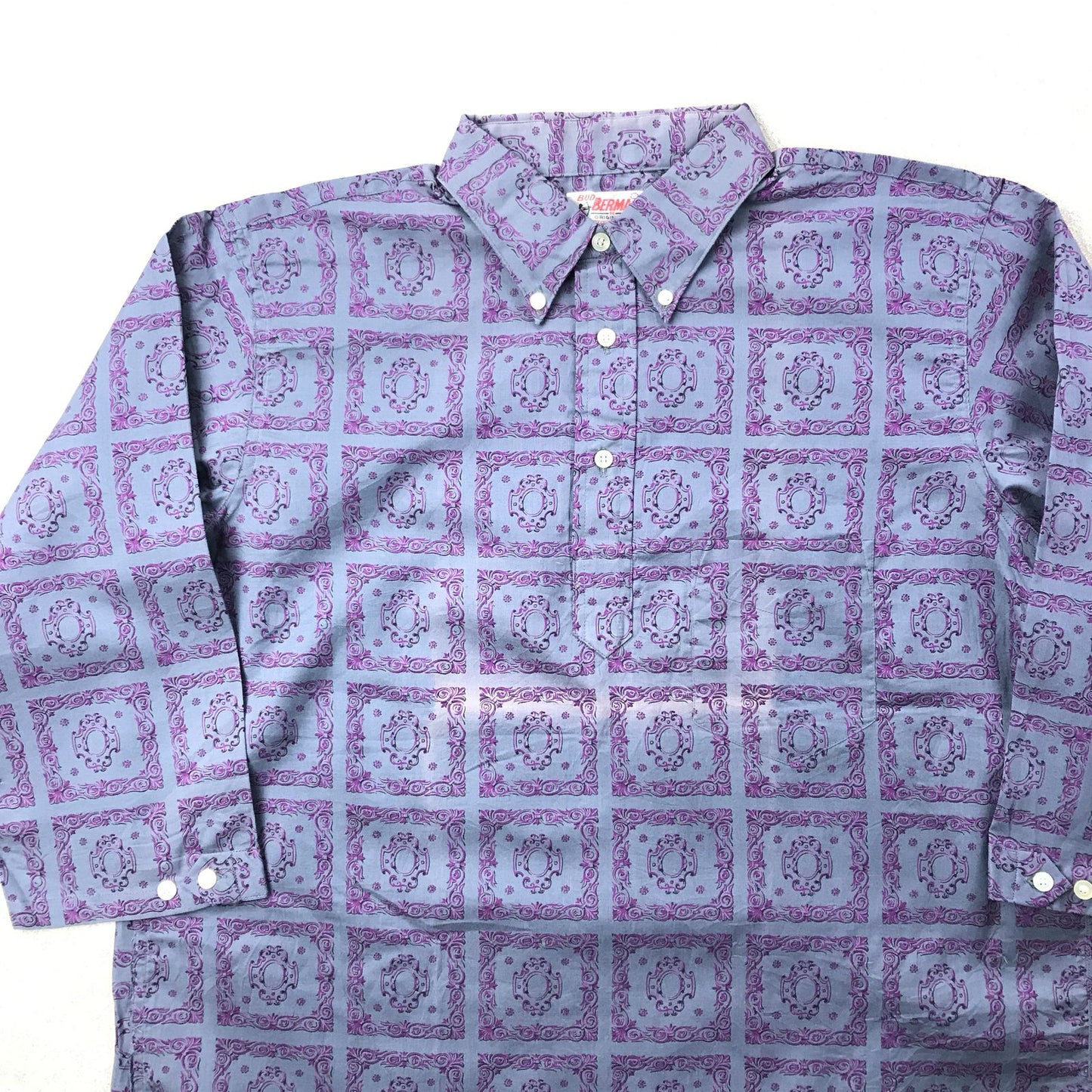 【中古】 半袖シャツ L 60年代 デッドストック米国製 BUD BERMA 総柄 レトロ柄 7分袖 コットン柄シャツ プルオーバーシャツ MADE IN USA グレー サイズ:L【加古川物流】