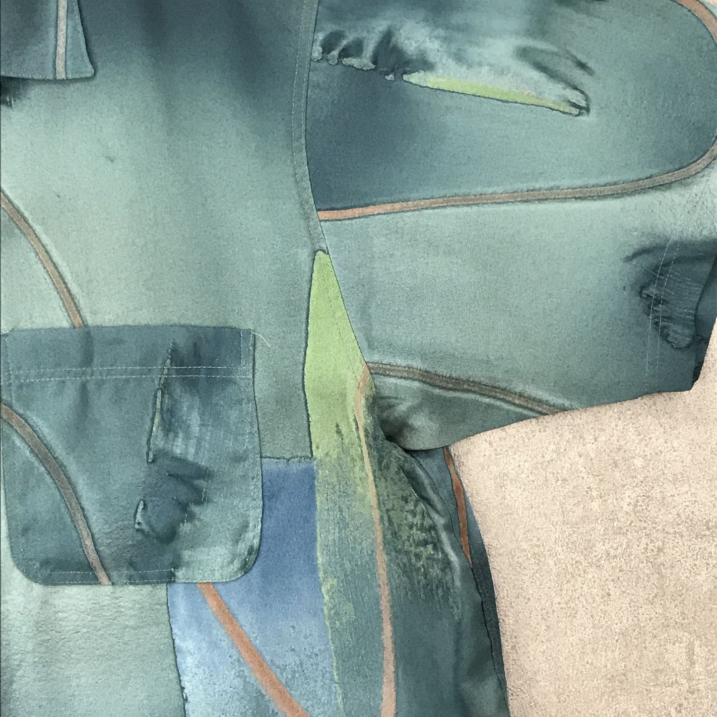 【中古】 半袖シャツ L 90年代 総柄 オープンシャツ ポリエステルシャツ半袖 水面に浮かぶ水彩風 アート柄 ビンテージ グリーン サイズ:L【加古川物流】
