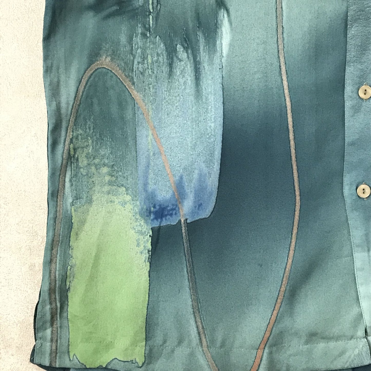 【中古】 半袖シャツ L 90年代 総柄 オープンシャツ ポリエステルシャツ半袖 水面に浮かぶ水彩風 アート柄 ビンテージ グリーン サイズ:L【加古川物流】