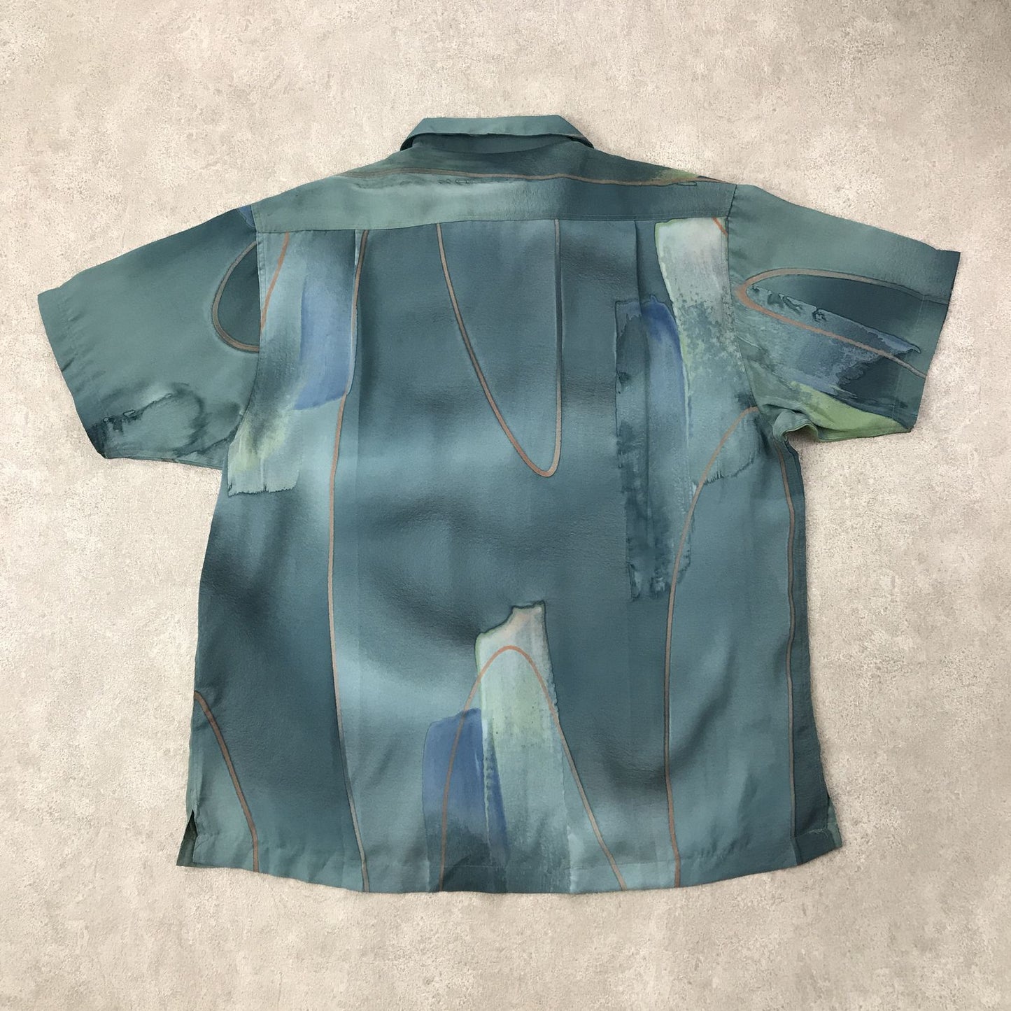 【中古】 半袖シャツ L 90年代 総柄 オープンシャツ ポリエステルシャツ半袖 水面に浮かぶ水彩風 アート柄 ビンテージ グリーン サイズ:L【加古川物流】