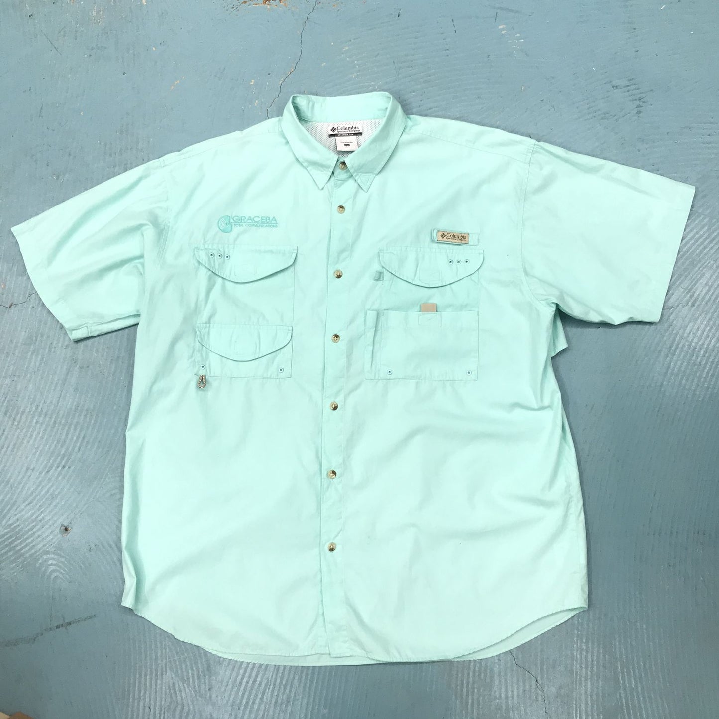 【中古】 半袖シャツ XL COLUMBIA PFG FM7130 コロンビア コットン100%タイプ 企業刺繍入り 半袖 フィッシングシャツ S/S SHIRT 半袖 シャーベットグリーン ボーンヘッド グリーン サイズ:XL【加古川物流】