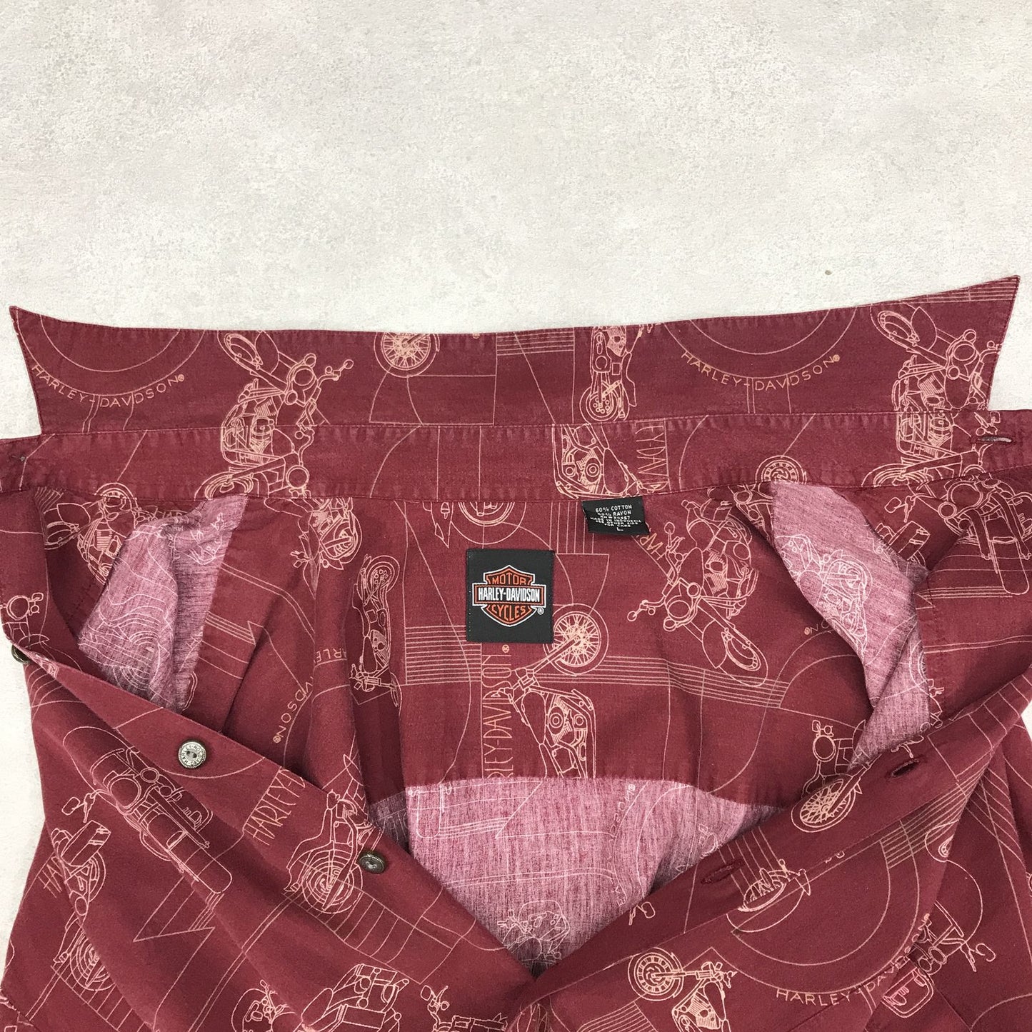 【中古】HARLEY-DAVIDSON | ハーレーダビットソン 半袖シャツ Harley-Davidson レーヨン混 ビンテージ シャツ 90s ハーレーダビッドソン HARLEY DAVIDSON バイク柄 アロハシャツ 総柄シャツ バーガンディー ボルドー/バーガンディー サイズ:L【加古川物流】