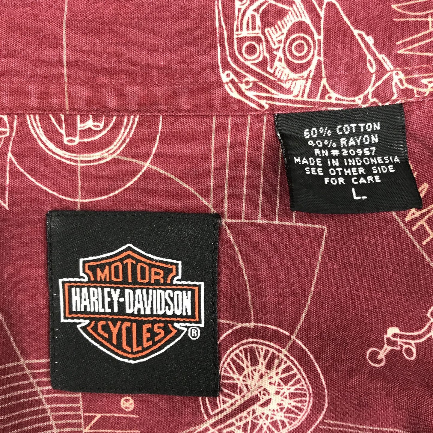 【中古】HARLEY-DAVIDSON | ハーレーダビットソン 半袖シャツ Harley-Davidson レーヨン混 ビンテージ シャツ 90s ハーレーダビッドソン HARLEY DAVIDSON バイク柄 アロハシャツ 総柄シャツ バーガンディー ボルドー/バーガンディー サイズ:L【加古川物流】