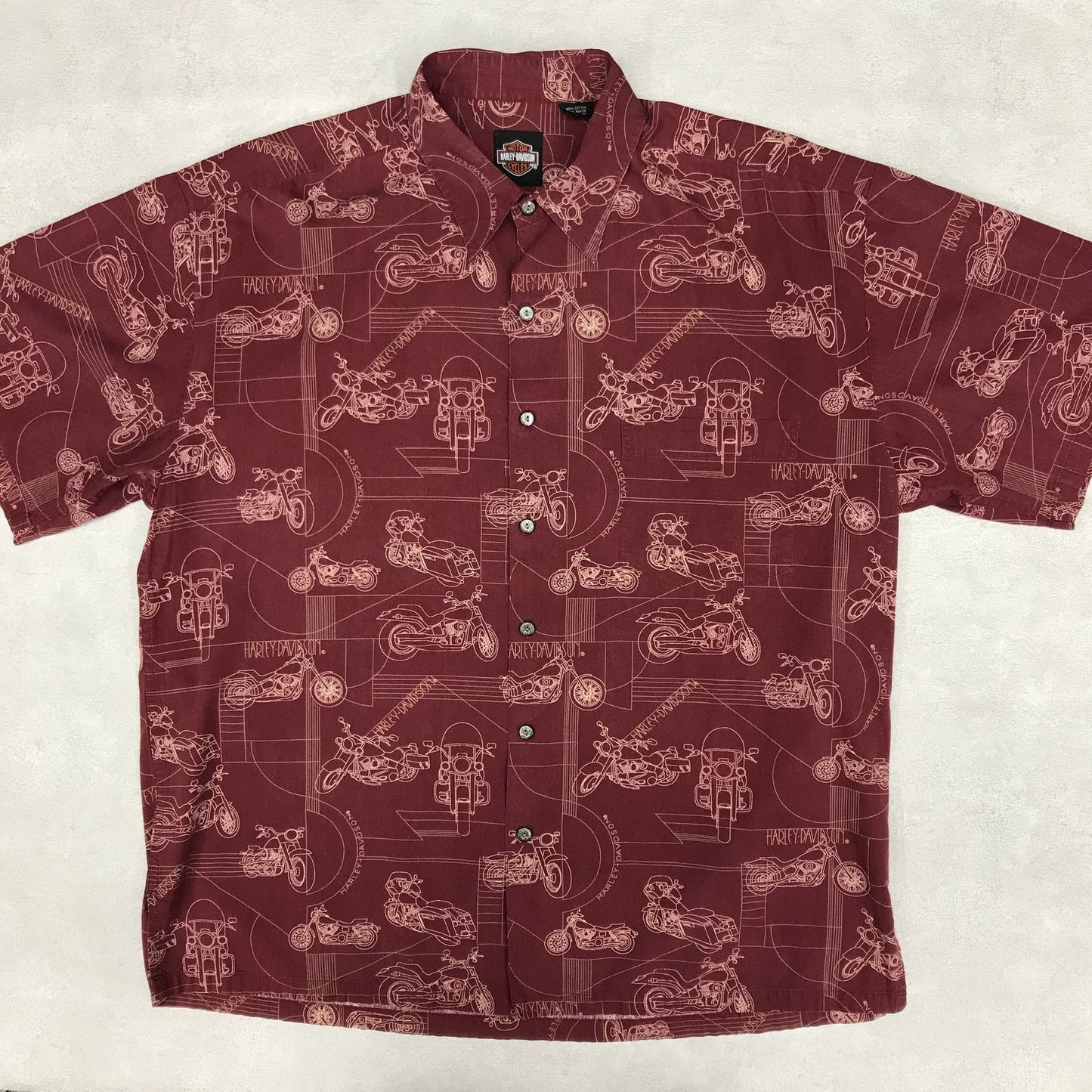 【中古】HARLEY-DAVIDSON | ハーレーダビットソン 半袖シャツ Harley-Davidson レーヨン混 ビンテージ シャツ 90s ハーレーダビッドソン HARLEY DAVIDSON バイク柄 アロハシャツ 総柄シャツ バーガンディー ボルドー/バーガンディー サイズ:L【加古川物流】