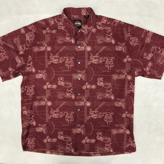 【中古】HARLEY-DAVIDSON | ハーレーダビットソン 半袖シャツ Harley-Davidson レーヨン混 ビンテージ シャツ 90s ハーレーダビッドソン HARLEY DAVIDSON バイク柄 アロハシャツ 総柄シャツ バーガンディー ボルドー/バーガンディー サイズ:L【加古川物流】