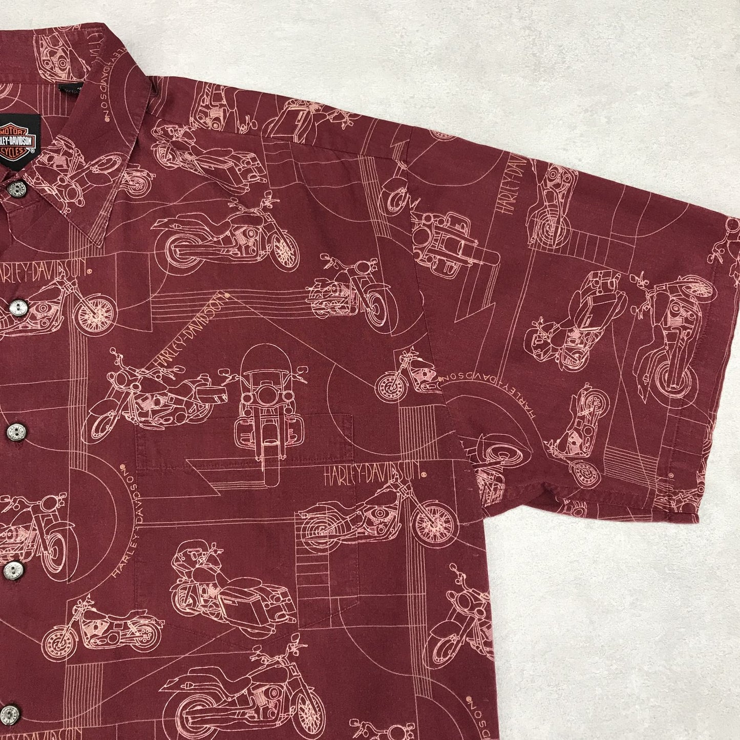 【中古】HARLEY-DAVIDSON | ハーレーダビットソン 半袖シャツ Harley-Davidson レーヨン混 ビンテージ シャツ 90s ハーレーダビッドソン HARLEY DAVIDSON バイク柄 アロハシャツ 総柄シャツ バーガンディー ボルドー/バーガンディー サイズ:L【加古川物流】